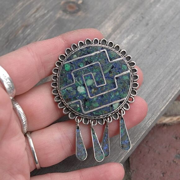 Sterling Silver Taxco Mexico Brooch/Pendant Inlay Crushed Lapis Turquoise READ - Picture 7 of 8
